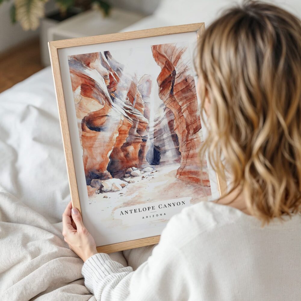 Woman Holding Framed Antelope Canyon Watercolor Wall Art - Portrait Woman Holding Framed Antelope Canyon Watercolor Wall Art - Portrait
