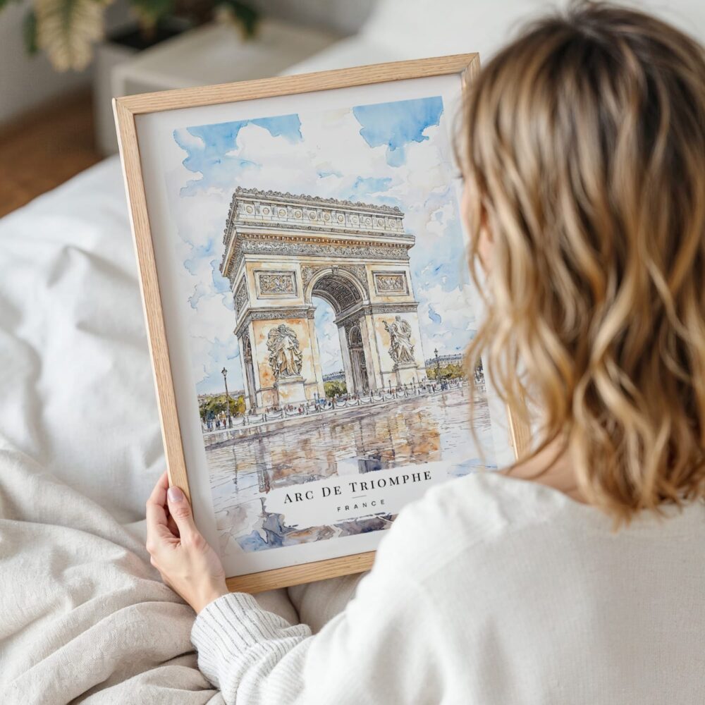 Woman Holding Framed Arc De Triomphe Watercolor Wall Art - Portrait Woman Holding Framed Arc De Triomphe Watercolor Wall Art - Portrait