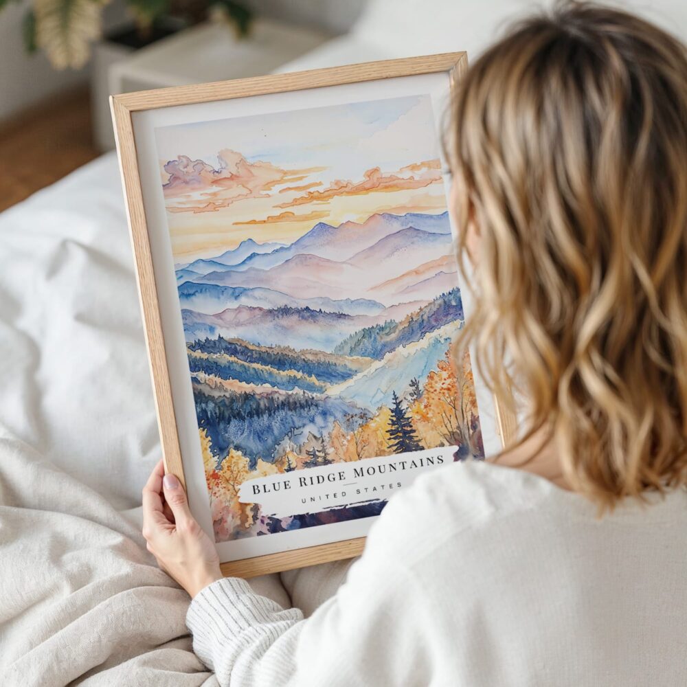 Woman Holding Framed Blue Ridge Mountains Watercolor Wall Art - Portrait Woman Holding Framed Blue Ridge Mountains Watercolor Wall Art - Portrait