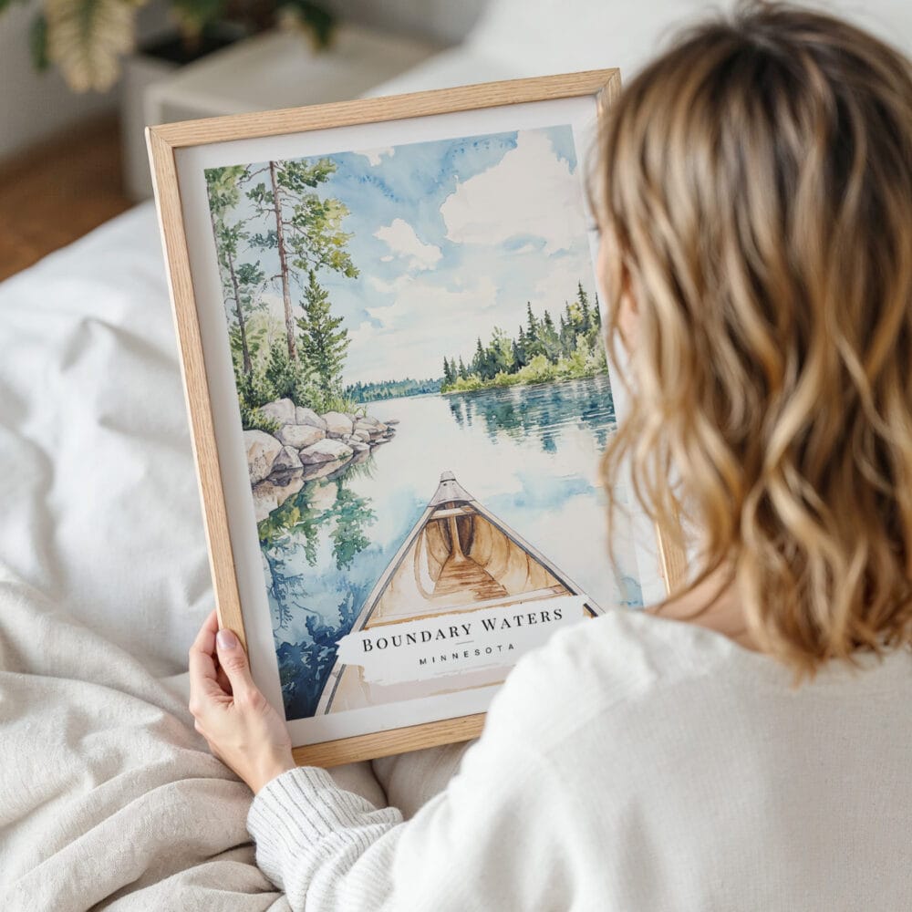 Woman Holding Framed Boundary Waters Minnesota Watercolor Wall Art - Portrait Woman Holding Framed Boundary Waters Minnesota Watercolor Wall Art - Portrait