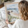 Woman Holding Framed Cannon Beach Oregon Watercolor Wall Art - Portrait
