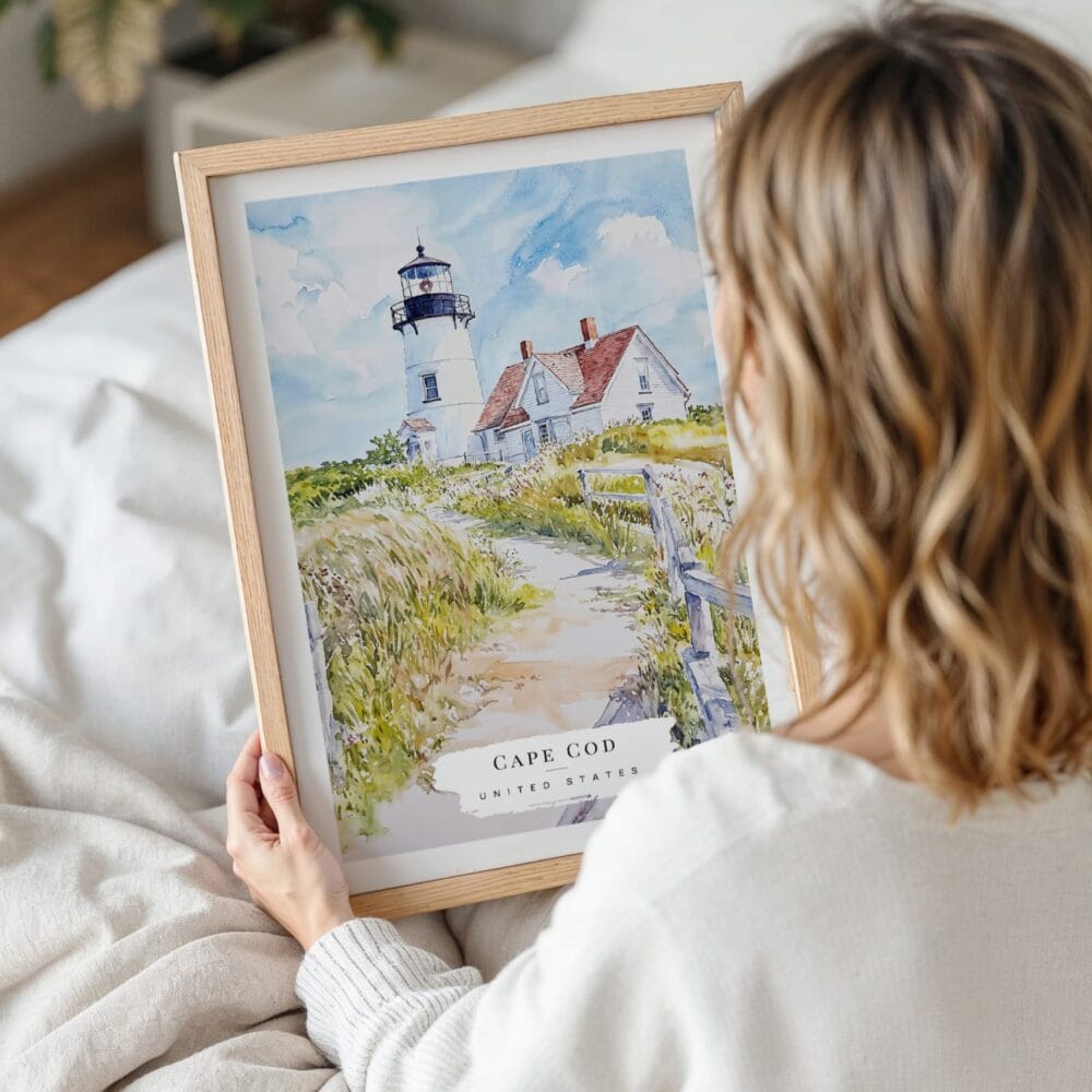 Woman Holding Framed Cape Cod Nobska Lighthouse Watercolor Wall Art - Portrait Woman Holding Framed Cape Cod Nobska Lighthouse Watercolor Wall Art - Portrait