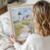 Woman Holding Framed Cape Cod Nobska Lighthouse Watercolor Wall Art - Portrait
