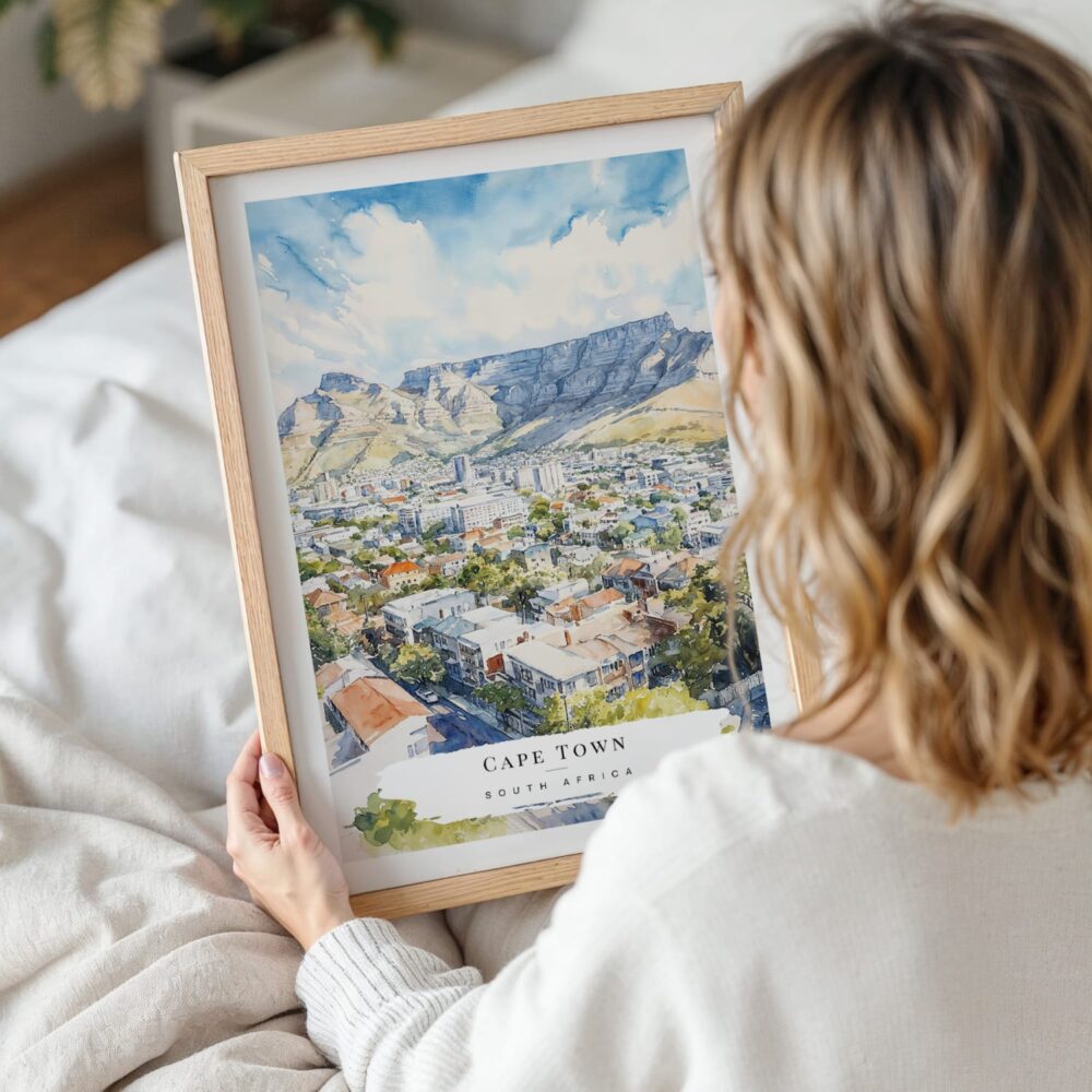 Woman Holding Framed Cape Town Watercolor Wall Art - Portrait Woman Holding Framed Cape Town Watercolor Wall Art - Portrait