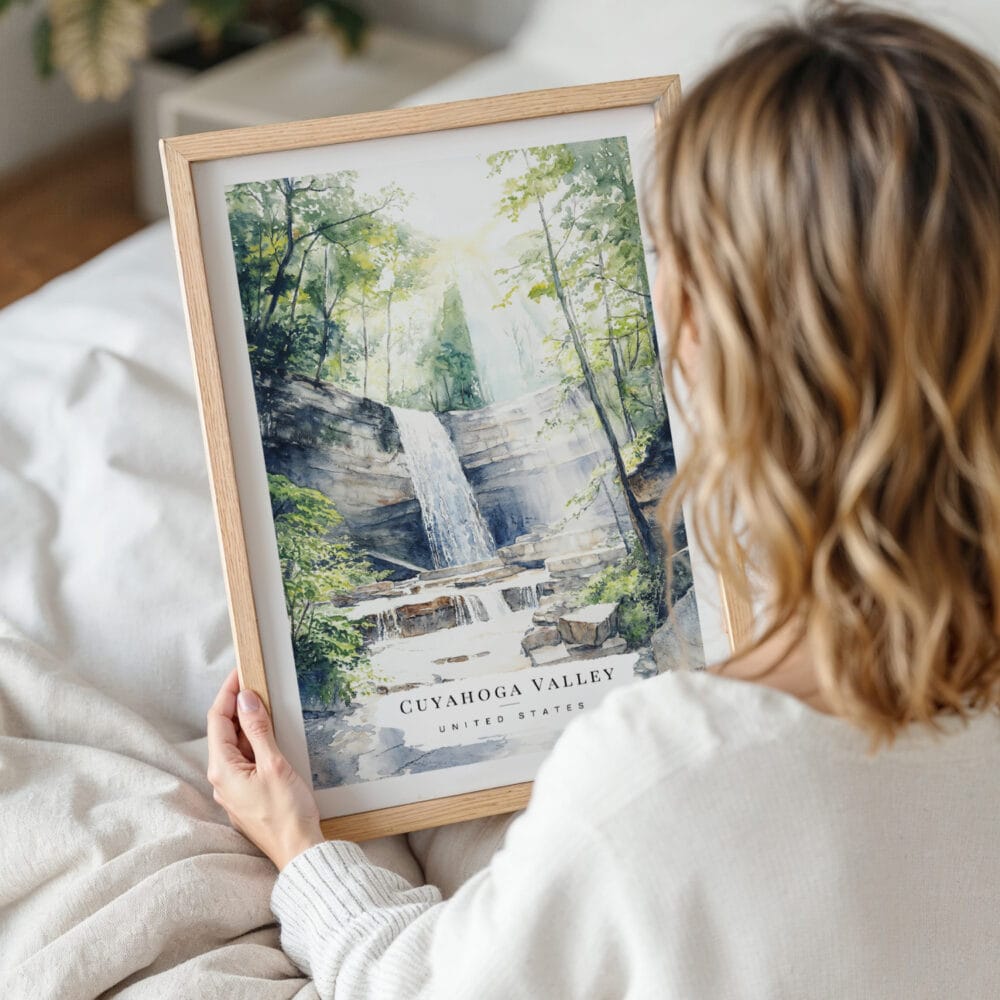 Woman Holding Framed Cuyahoga Valley National Park Watercolor Wall Art - Portrait Woman Holding Framed Cuyahoga Valley National Park Watercolor Wall Art - Portrait