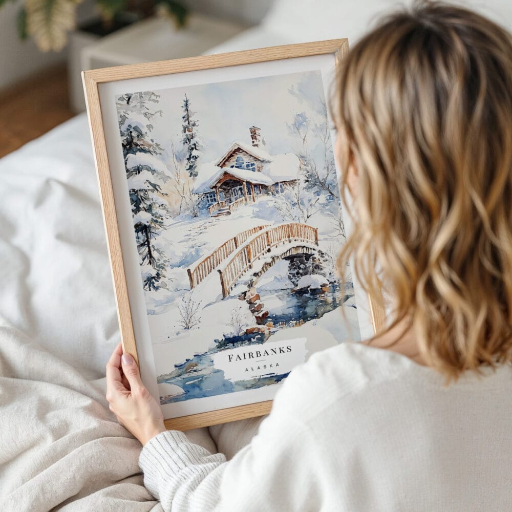 Woman Holding Framed Fairbanks Alaska Winter Watercolor Wall Art - Portrait Woman Holding Framed Fairbanks Alaska Winter Watercolor Wall Art - Portrait