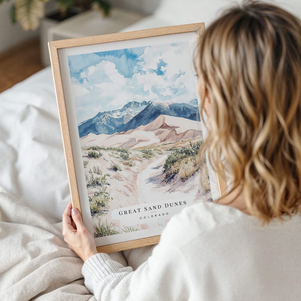 Woman Holding Framed Great Sand Dunes Colorado Watercolor Wall Art - Portrait Woman Holding Framed Great Sand Dunes Colorado Watercolor Wall Art - Portrait