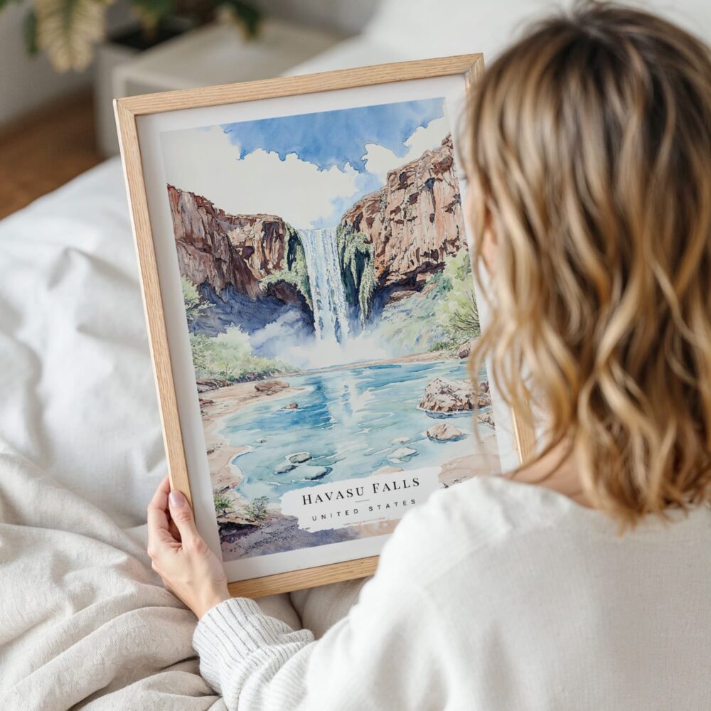 Woman Holding Framed Havasu Falls Watercolor Wall Art - Portrait Woman Holding Framed Havasu Falls Watercolor Wall Art - Portrait