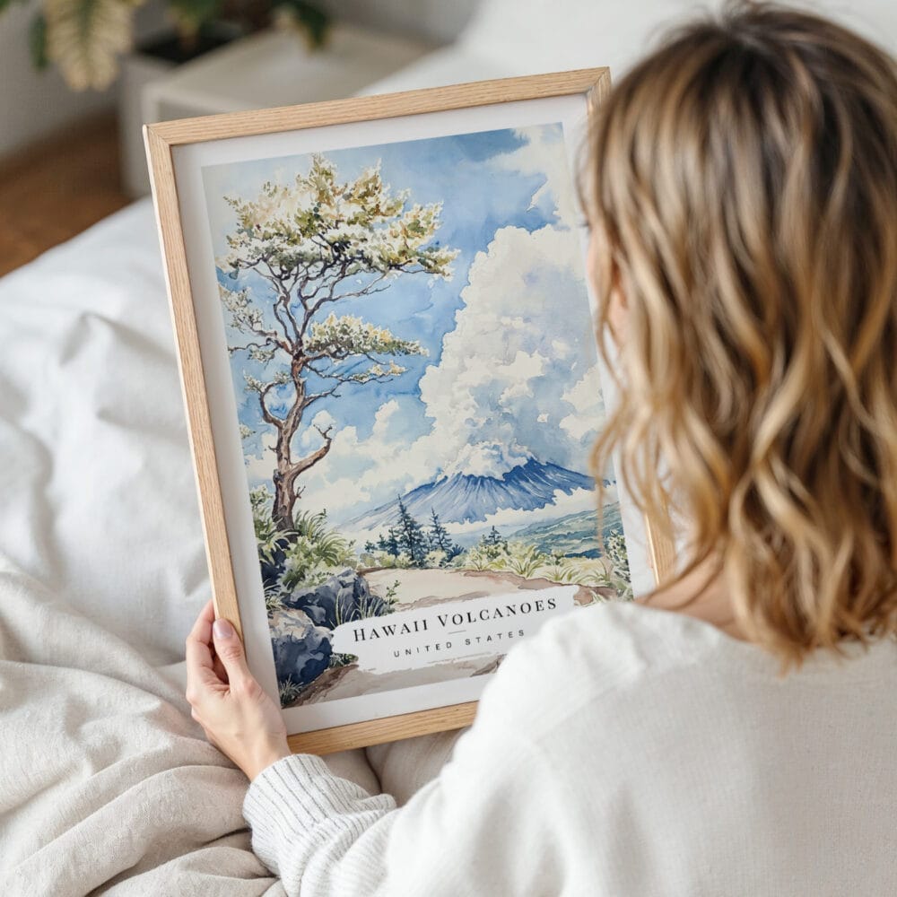 Woman Holding Framed Hawaii Volcanoes National Park Watercolor Wall Art - Portrait Woman Holding Framed Hawaii Volcanoes National Park Watercolor Wall Art - Portrait