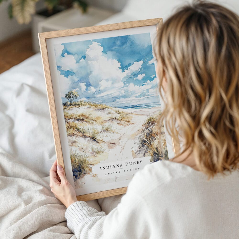 Woman Holding Framed Indiana Dunes National Park Watercolor Wall Art - Portrait Woman Holding Framed Indiana Dunes National Park Watercolor Wall Art - Portrait