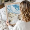 Woman Holding Framed Indiana Dunes National Park Watercolor Wall Art - Portrait