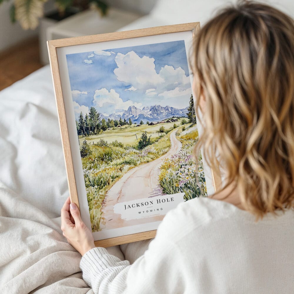 Woman Holding Framed Jackson Hole Nature Watercolor Wall Art - Portrait Woman Holding Framed Jackson Hole Nature Watercolor Wall Art - Portrait