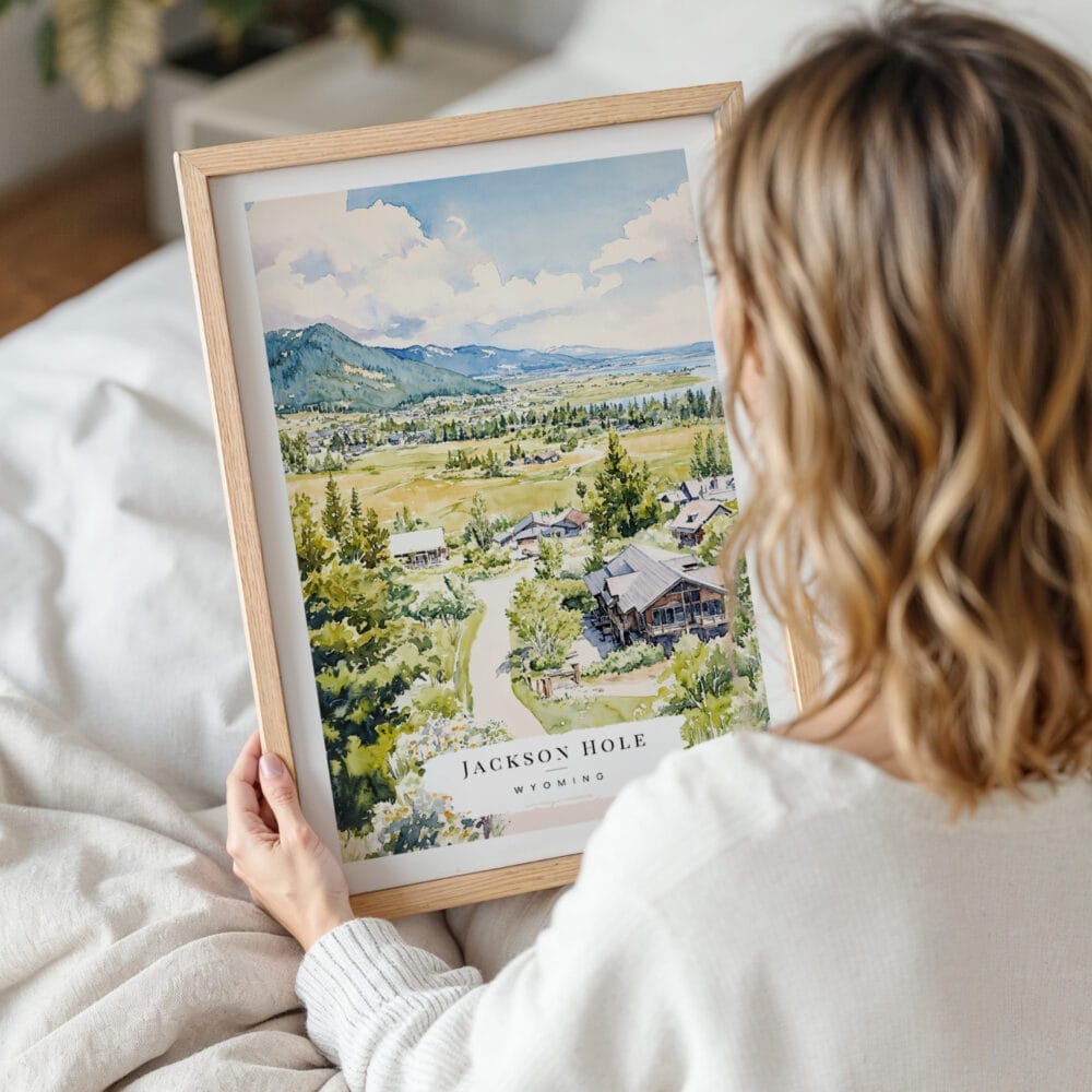 Woman Holding Framed Jackson Hole Wyoming Watercolor Wall Art - Portrait Woman Holding Framed Jackson Hole Wyoming Watercolor Wall Art - Portrait