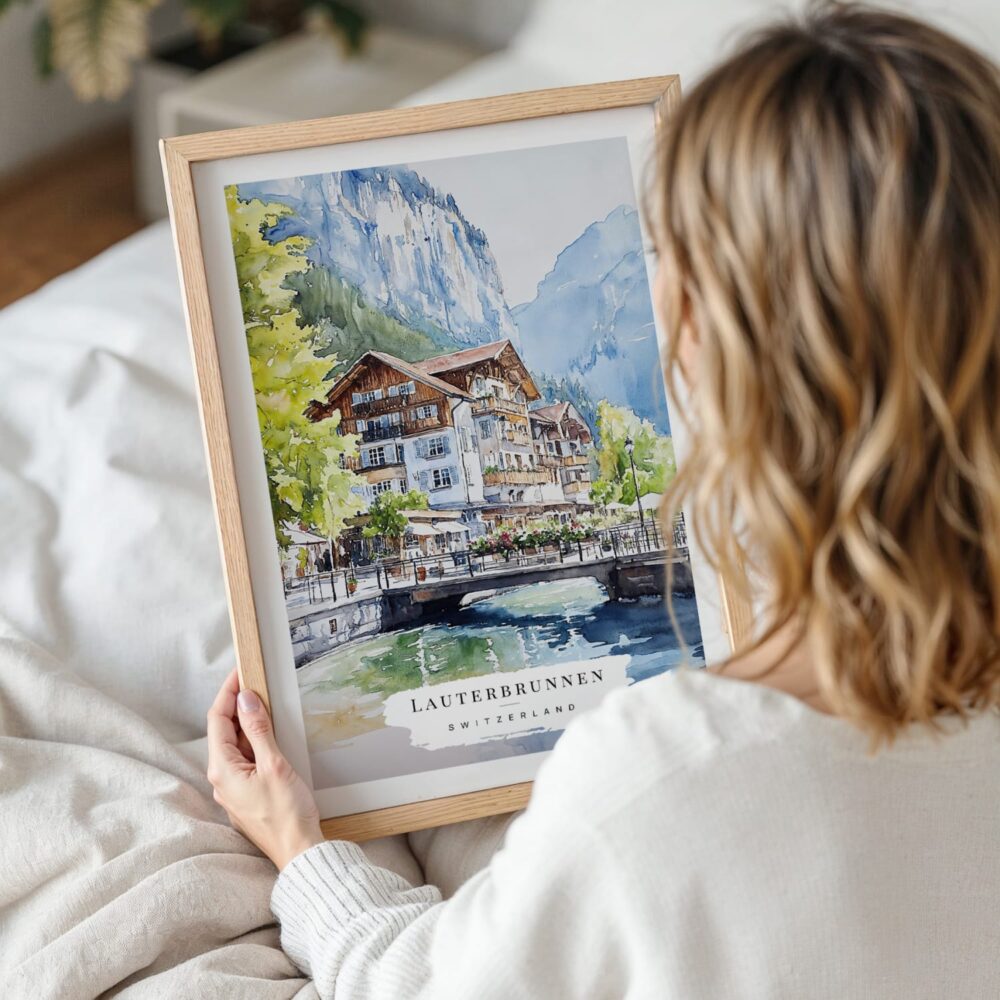 Woman Holding Framed Lauterbrunnen Switzerland Watercolor Wall Art - Portrait Woman Holding Framed Lauterbrunnen Switzerland Watercolor Wall Art - Portrait