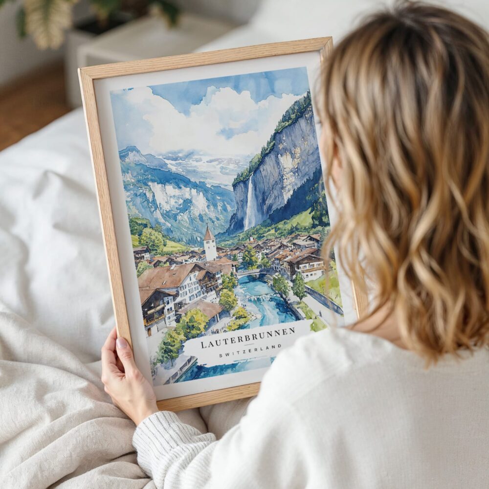 Woman Holding Framed Lauterbrunnen Watercolor Wall Art - Portrait Woman Holding Framed Lauterbrunnen Watercolor Wall Art - Portrait