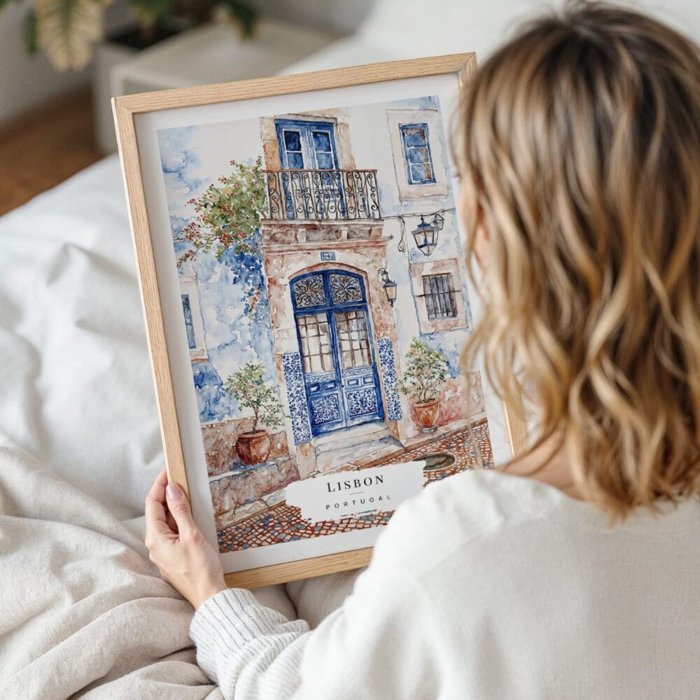 Woman Holding Framed Lisbon Streets Watercolor Wall Art - Portrait Woman Holding Framed Lisbon Streets Watercolor Wall Art - Portrait