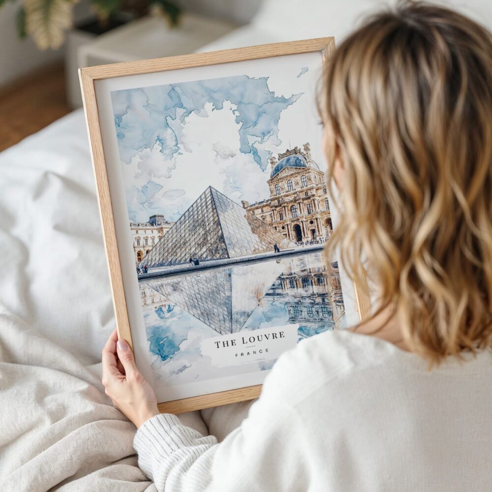 Woman Holding Framed Louvre Watercolor Wall Art - Portrait Woman Holding Framed Louvre Watercolor Wall Art - Portrait