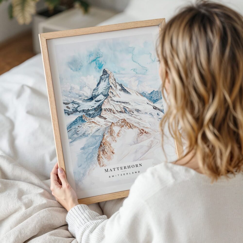 Woman Holding Framed Matterhorn Watercolor Wall Art - Portrait Woman Holding Framed Matterhorn Watercolor Wall Art - Portrait