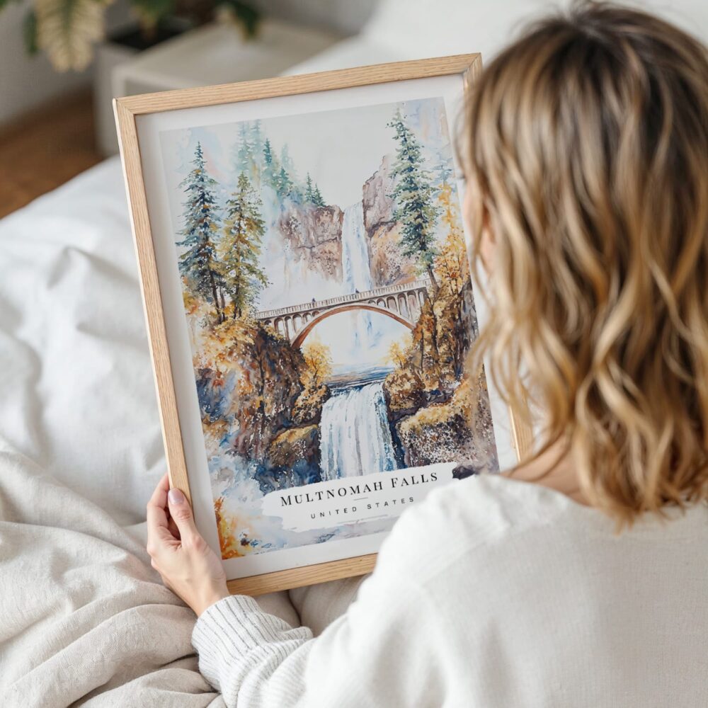 Woman Holding Framed Multnomah Falls Watercolor Wall Art - Portrait Woman Holding Framed Multnomah Falls Watercolor Wall Art - Portrait