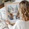 Woman Holding Framed Multnomah Falls Watercolor Wall Art - Portrait