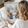 Woman Holding Framed Multnomah Falls Watercolor Wall Art - Portrait