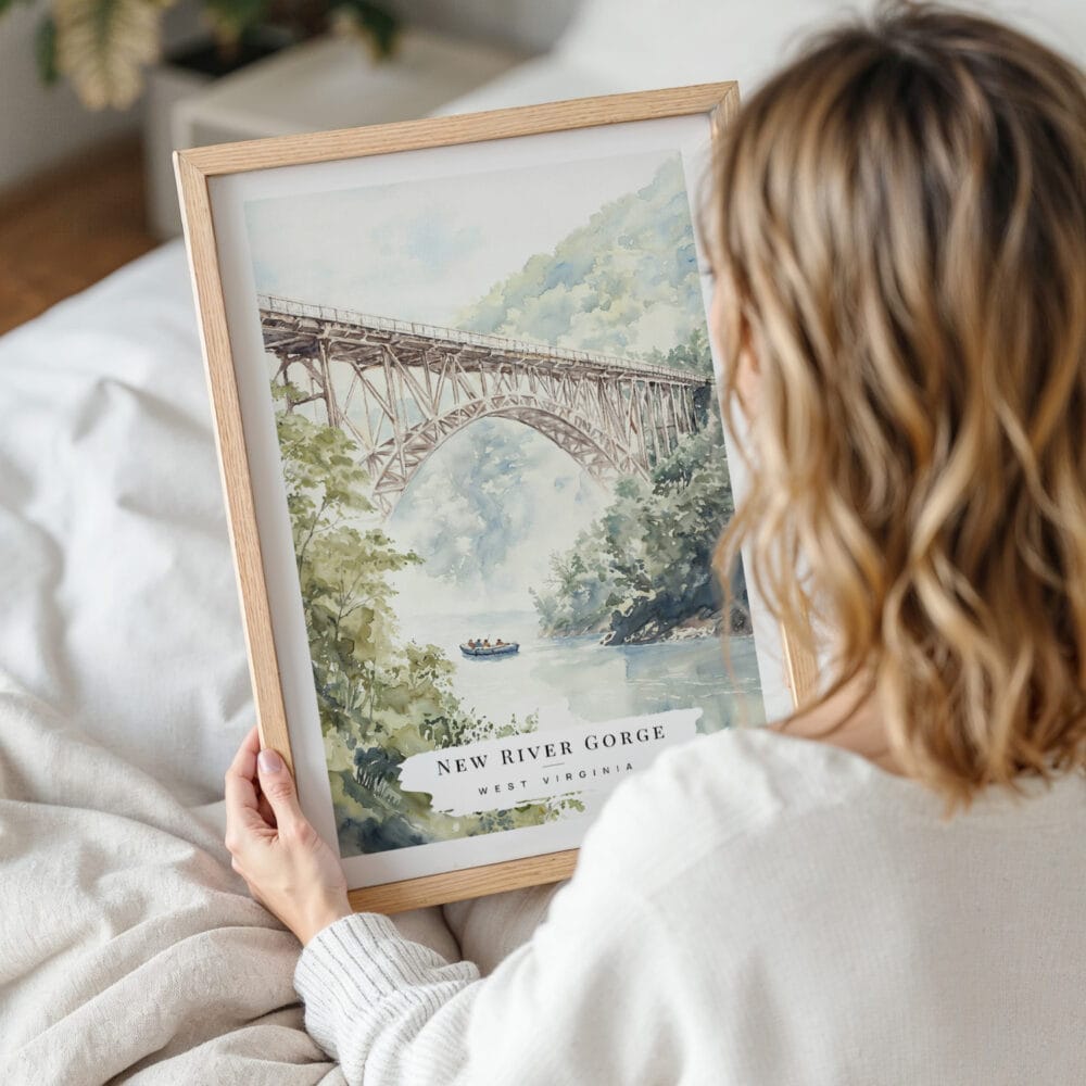 Woman Holding Framed New River Gorge Bridge Watercolor Wall Art - Portrait Woman Holding Framed New River Gorge Bridge Watercolor Wall Art - Portrait
