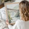 Woman Holding Framed New River Gorge Bridge Watercolor Wall Art - Portrait