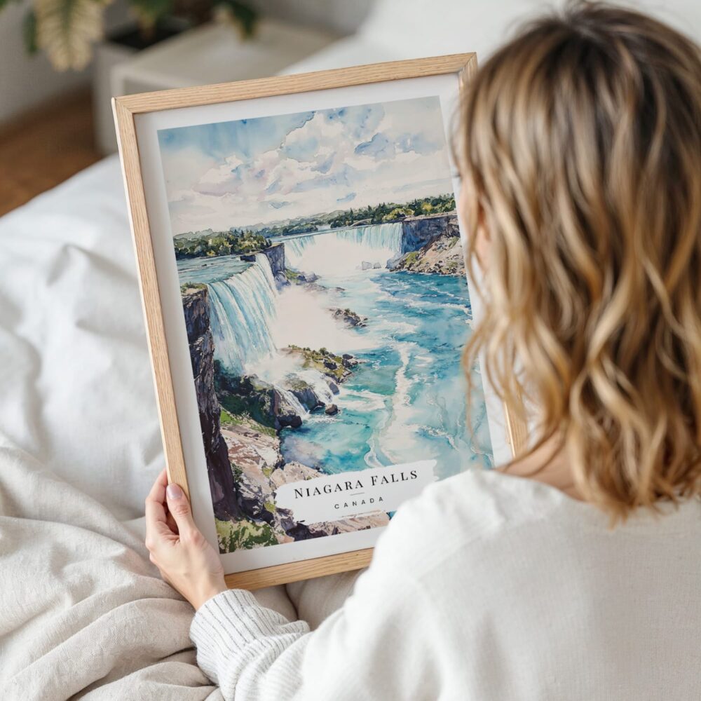 Woman Holding Framed Niagara Falls Watercolor Wall Art - Portrait Woman Holding Framed Niagara Falls Watercolor Wall Art - Portrait