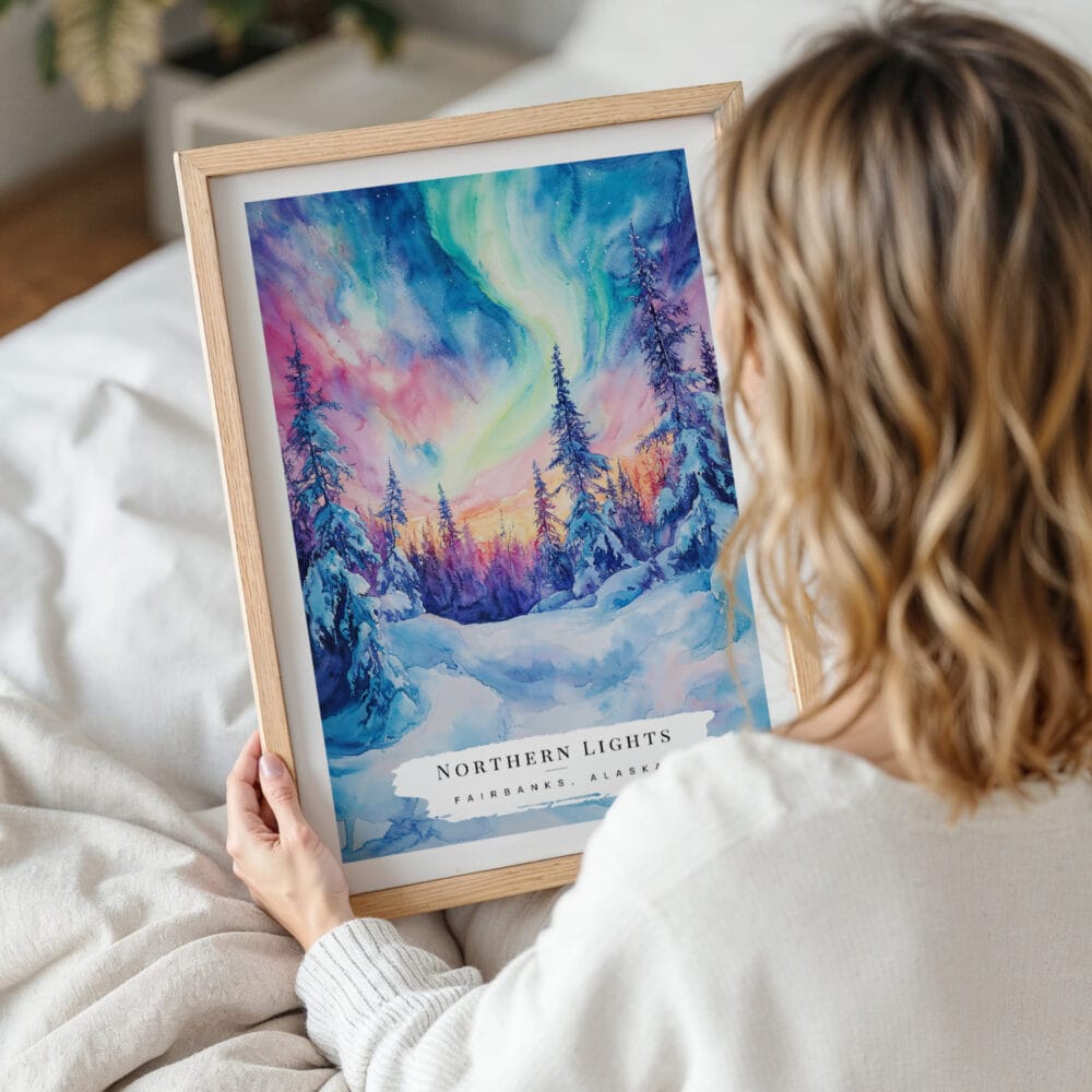 Woman Holding Framed Northern Lights Fairbanks Alaska Watercolor Wall Art - Portrait Woman Holding Framed Northern Lights Fairbanks Alaska Watercolor Wall Art - Portrait