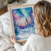 Woman Holding Framed Northern Lights Fairbanks Alaska Watercolor Wall Art - Portrait