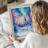 Woman Holding Framed Northern Lights Fairbanks Alaska Watercolor Wall Art - Portrait