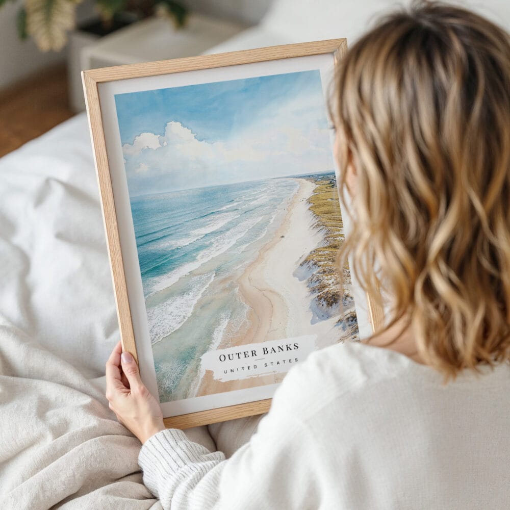 Woman Holding Framed Outer Banks NC Watercolor Wall Art - Portrait Woman Holding Framed Outer Banks NC Watercolor Wall Art - Portrait