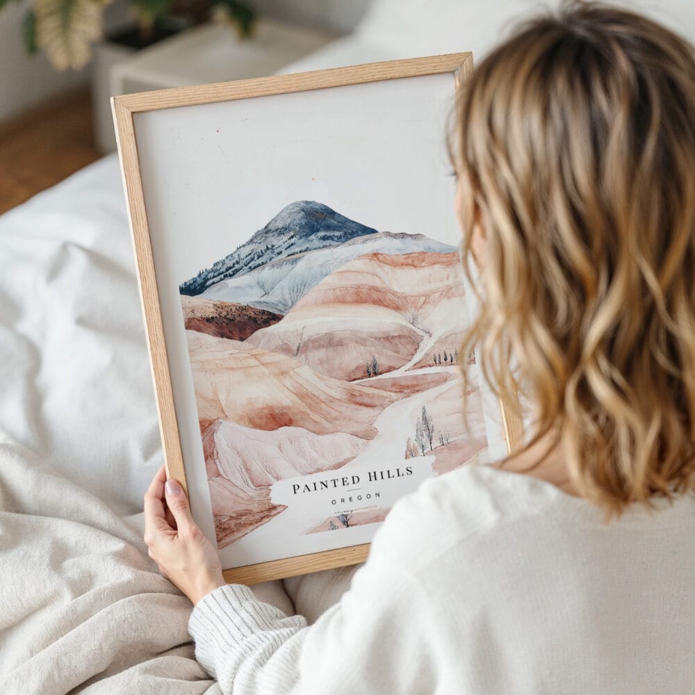 Woman Holding Framed Painted Hills Oregon Watercolor Wall Art - Portrait Woman Holding Framed Painted Hills Oregon Watercolor Wall Art - Portrait