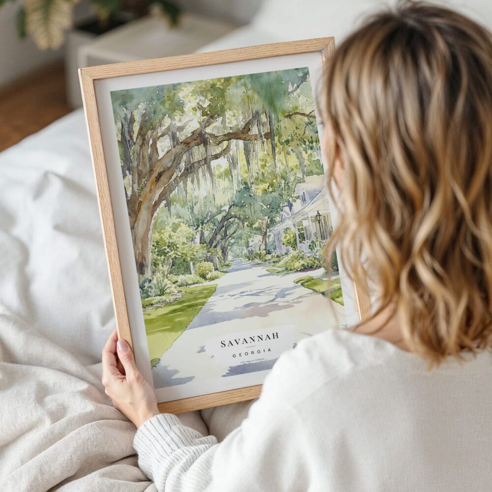 Woman Holding Framed Savannah Georgia Watercolor Wall Art - Portrait Woman Holding Framed Savannah Georgia Watercolor Wall Art - Portrait
