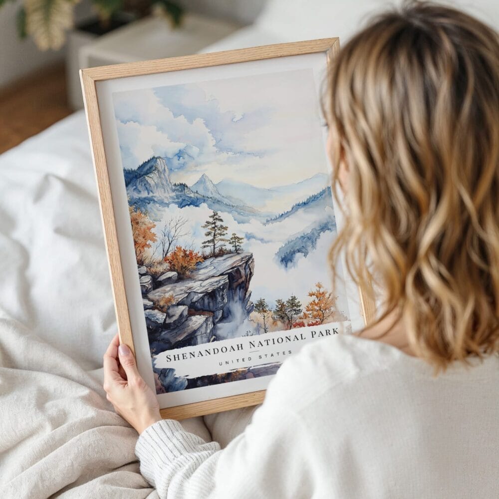 Woman Holding Framed Shenandoah National Park Watercolor Wall Art - Portrait Woman Holding Framed Shenandoah National Park Watercolor Wall Art - Portrait