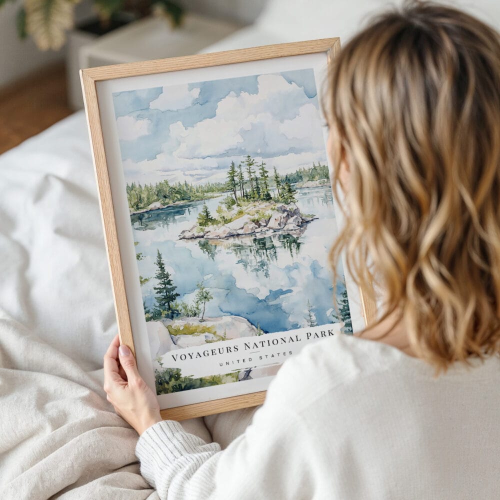 Woman Holding Framed Voyageurs national park Watercolor Wall Art - Portrait Woman Holding Framed Voyageurs national park Watercolor Wall Art - Portrait