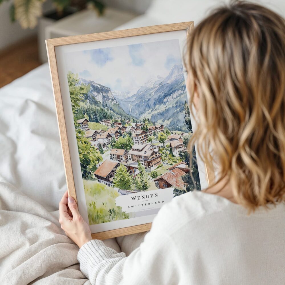 Woman Holding Framed Wengen Switzerland Watercolor Wall Art - Portrait Woman Holding Framed Wengen Switzerland Watercolor Wall Art - Portrait