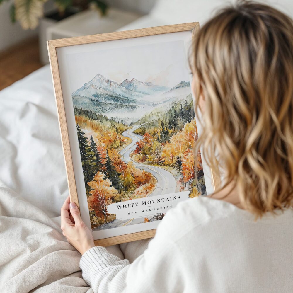 Woman Holding Framed White Mountains New Hampshire Watercolor Wall Art - Portrait Woman Holding Framed White Mountains New Hampshire Watercolor Wall Art - Portrait