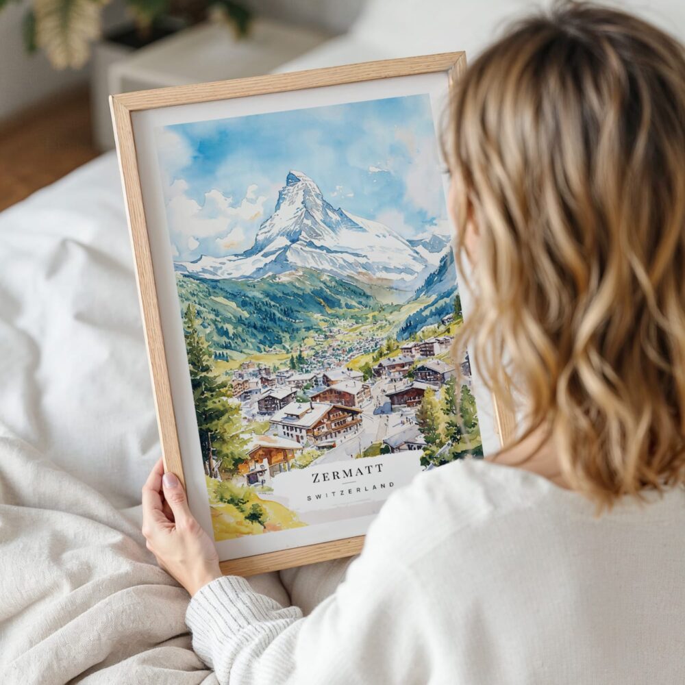 Woman Holding Framed Zermatt Switzerland Watercolor Wall Art - Portrait Woman Holding Framed Zermatt Switzerland Watercolor Wall Art - Portrait