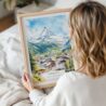 Woman Holding Framed Zermatt Switzerland Watercolor Wall Art - Portrait