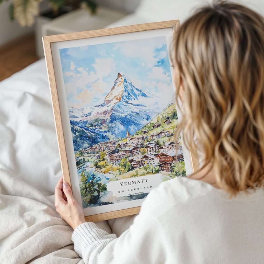 Woman Holding Framed Zermatt Watercolor Wall Art - Portrait Woman Holding Framed Zermatt Watercolor Wall Art - Portrait