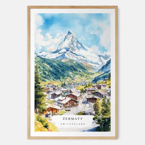 Zermatt Switzerland Watercolor Art Print - Main - Wood Frame