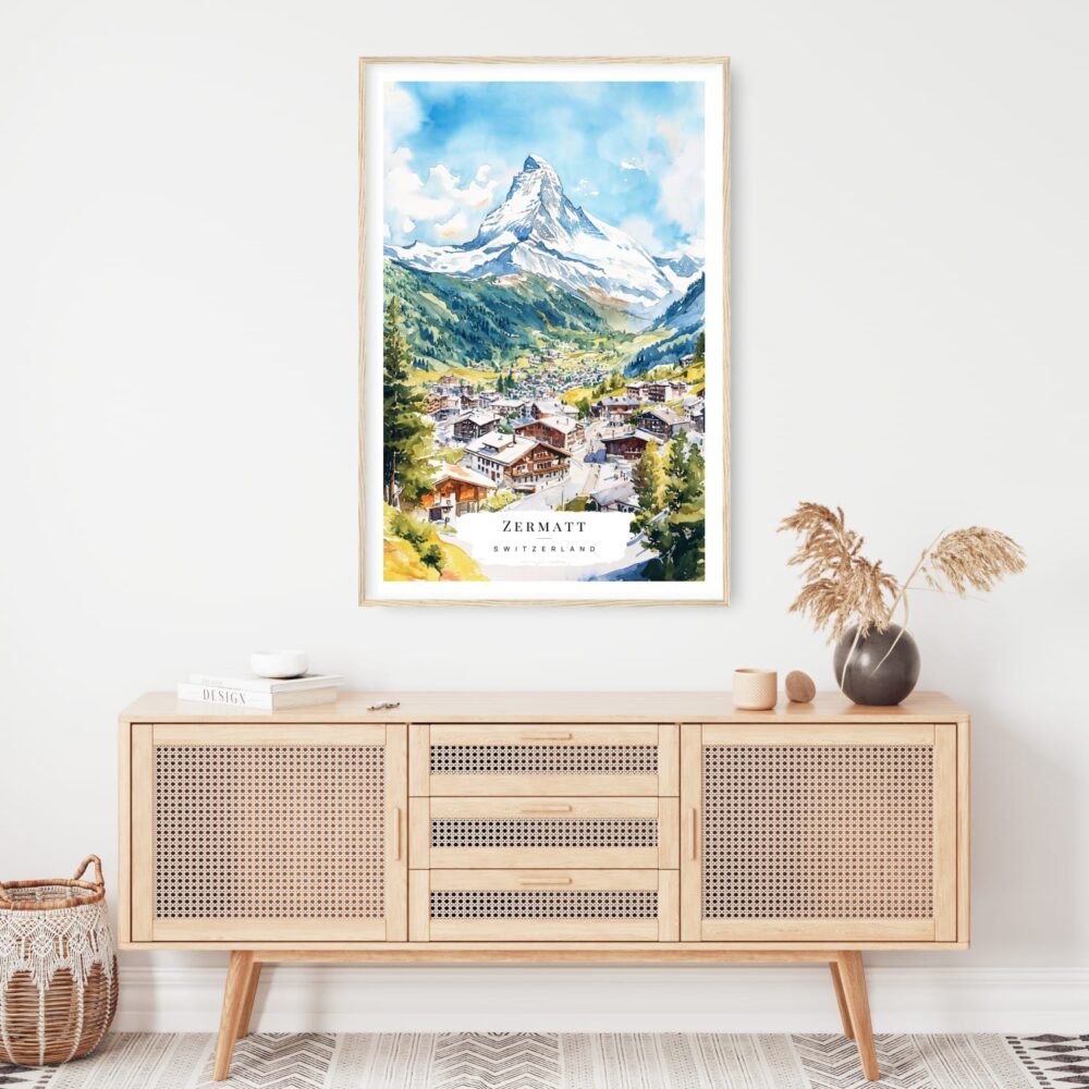 Zermatt Switzerland Watercolor Art Print - Shelf - Portrait Zermatt Switzerland Watercolor Art Print - Shelf - Portrait