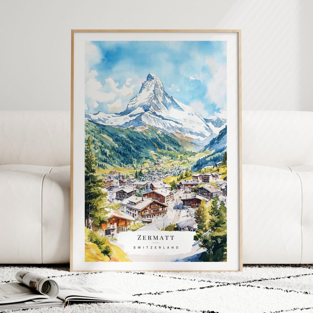 Zermatt Switzerland Watercolor Art Print - Wood Frame standing on Floor Zermatt Switzerland Watercolor Art Print - Wood Frame standing on Floor