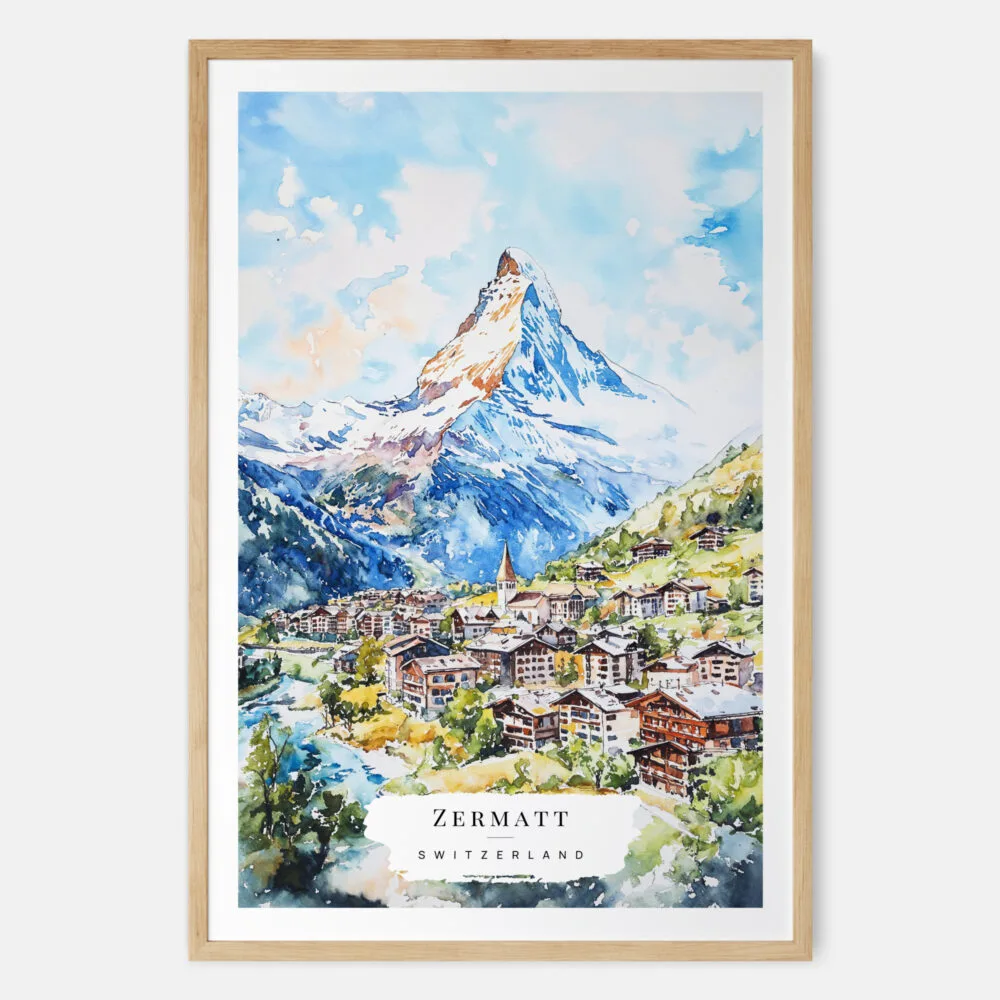 Zermatt Watercolor Art Print - Main - Wood Frame