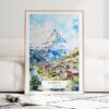 Zermatt Watercolor Art Print - Wood Frame standing on Floor