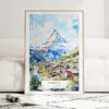 Zermatt Watercolor Art Print - Wood Frame standing on Floor