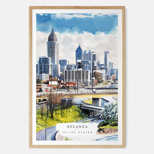 00 - Atlanta Skyline Watercolor Art Print - Main - Wood Frame