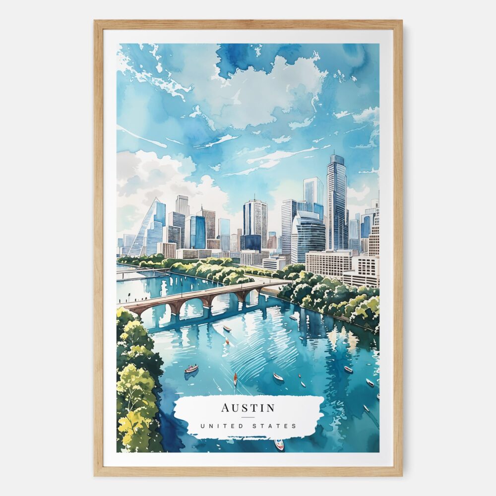 00 - Austin Texas Watercolor Art Print - Main - Wood Frame
