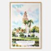00 - Balboa Park California Tower Watercolor Art Print - Main - Wood Frame